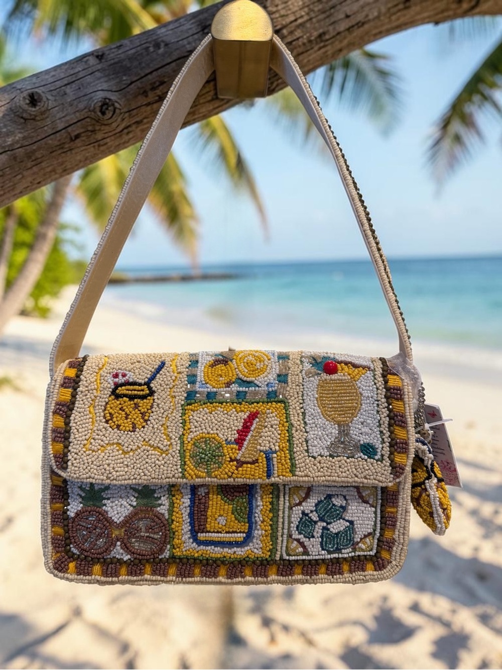 Viral! Handcrafted in India 
Tropical Shoulder Bag w/pineapple drink bag charm!